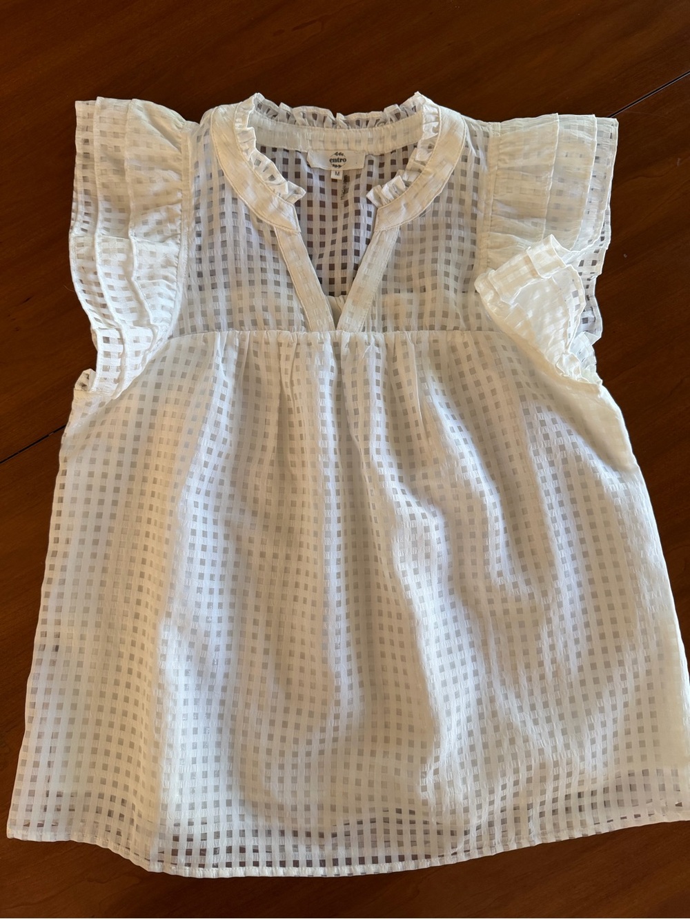 Entro White Sheer Gingham Flutter Sleeve Blouse Size Medium